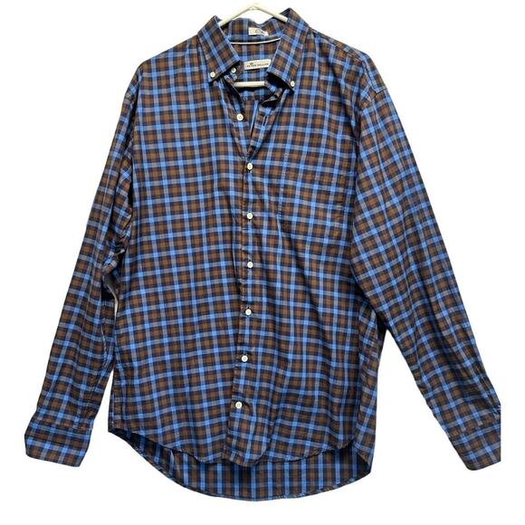 Peter Millar Other - Peter Millar Blue Brown Long Sleeve Button Down Cotton Plaid Shirt Mens Large
